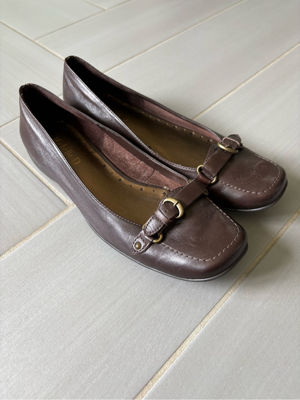 Michelle D Brown Leather Slip-On Loafers with Buckle Accent